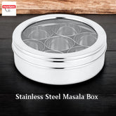 Montavo By FnS Stainless Steel Round Shape Spice Box/Organizer/Container with See Through Lid, 7 Container and 1 Small Spice Spoon (Masala Box)